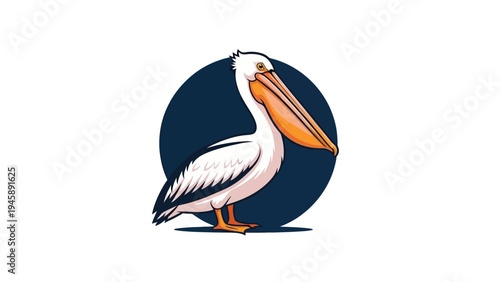 Illustrated pelican bird against navy circle background vector graphic