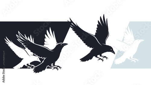 Flying ravens graphic illustration with color variations against neutral background