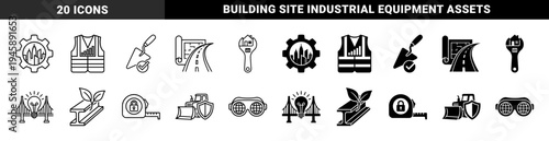 Civil engineering and urban infrastructure development hybrid symbols featuring construction tools integrated with city planning and heavy machinery