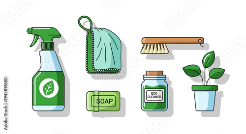 Eco friendly cleaning supplies illustration spray bottle brush and plants