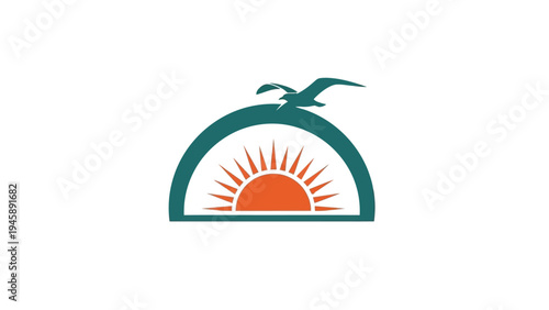 Abstract illustration of rising sun and seagull on white background