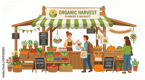 Farmers market illustration with organic produce and customers shopping