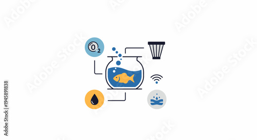 Fish in a bowl with icons.