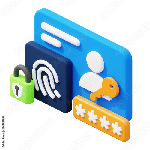 Secure Digital Identity and Online Account Protection 3D Render Illustrating Data Privacy, User Authentication, Biometric Fingerprint Verification, and Password Security Measures