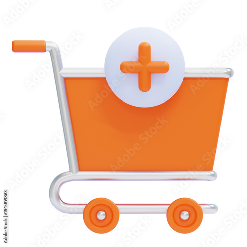 3D rendered illustration of an empty shopping cart with a plus sign icon, symbolizing adding items and online shopping