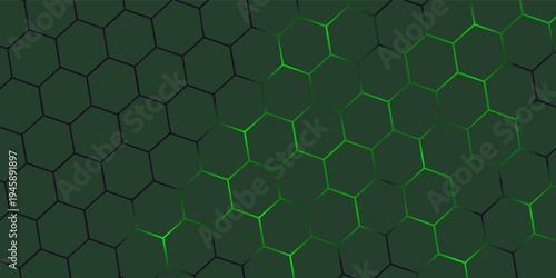 Dark green horizontal hexagonal technology abstract vector background. Green bright energy flashes under hexagon in futuristic modern technology wide banner. Dark tech honeycomb texture grid.