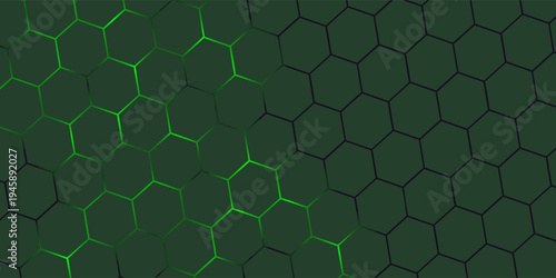 Dark green horizontal hexagonal technology abstract vector background. Green bright energy flashes under hexagon in futuristic modern technology wide banner. Dark tech honeycomb texture grid.