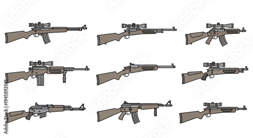 Assorted tactical rifle illustrations with telescopic sights displayed in a structured grid.