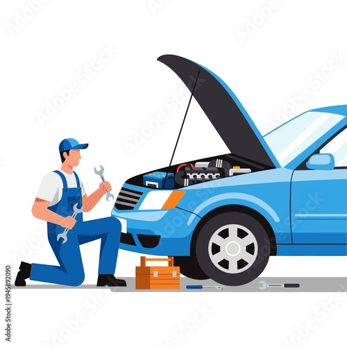 Mechanic working on car engine vector illustration automotive repair service
