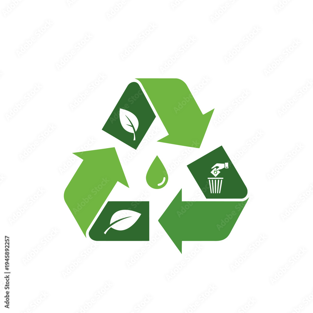 Obraz premium Recycling symbol with leaves water drop and waste bin icons on white background