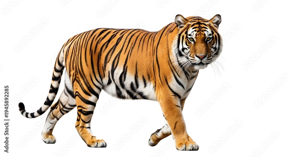 Obraz premium Majestic tiger walking isolated on white background, Orange and black stripes, Wildlife photography