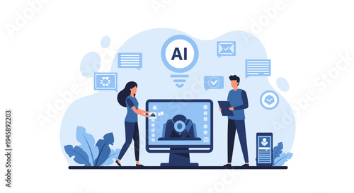 People working with artificial intelligence technology on computer screen