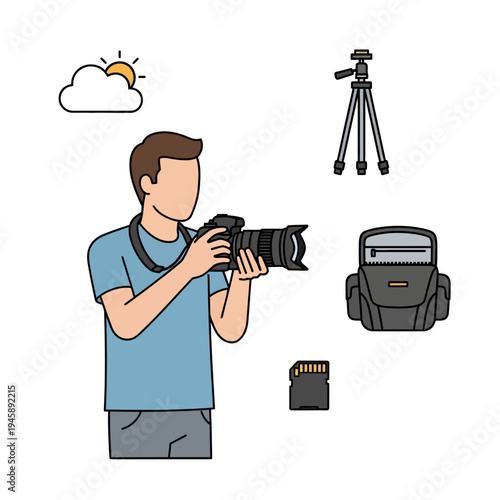 Photographer taking picture with camera and associated gear vector illustration