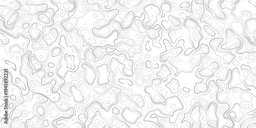 Abstract topographic map design with wavy lines and shapes on white background