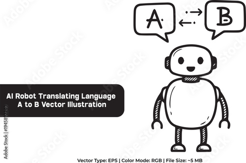 AI Robot Translating Language A to B Vector Illustration
