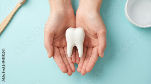 Wallpaper Mural Two hands gently cradle a perfectly formed white tooth model, symbolizing attentive dental health. Torontodigital.ca