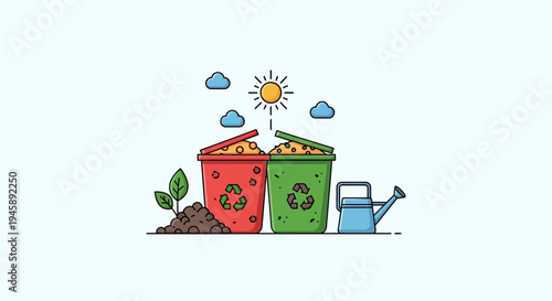 Recycling bins under sunlight with seedling and watering can illustration