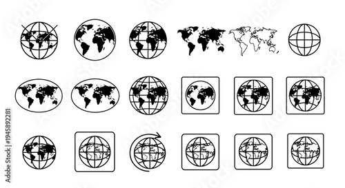 Collection of black and white globe and world map icons illustrating global connectivity.