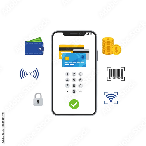 Smartphone digital payment system with credit cards and icons isolated