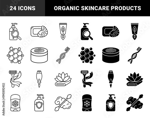 Personal Care and Skincare Hybrid Icons Featuring Organic Product Bottles Merged with Nature Elements Dermatology and Grooming Design Assets