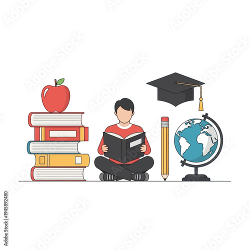 Student reading surrounded by books apple graduation cap and globe
