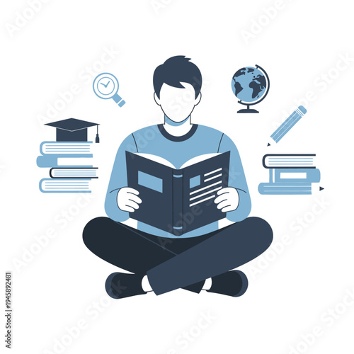 Student reading surrounded by educational elements on white background