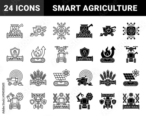 Smart Agriculture Hybrid Icons Featuring Automated Harvester Combines Integrated with Artificial Intelligence Circuits Drones and Renewable Energy