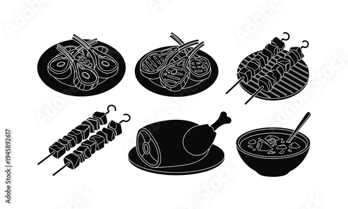 Varied traditional dishes and cooking methods illustrated in a minimalist style