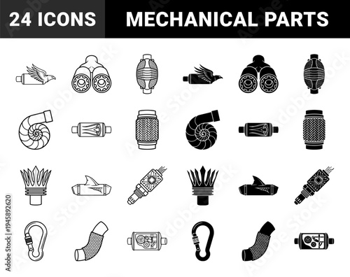 Hybrid automotive exhaust and engine component icons merging mechanical parts with organic eagle shark and nautilus shell shapes in outline and solid styles