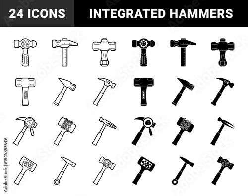 Hybrid Industrial Hammer Icons Merging Carpentry Tools with Measuring Rulers Level Bubbles Gears and Digital Sensors in Dual Outline Solid Styles