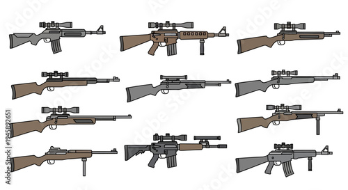 Assortment of military-style rifles equipped with scopes displayed against a plain.