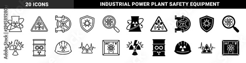 Nuclear energy and radiation safety icons merging atomic symbols with industrial cooling towers power grids protective gear and organic growth