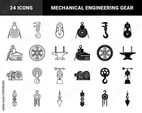 Heavy industrial pulley and lifting gear mechanical hybrid signs featuring winch machinery crane hook caliper and anvil hardware elements