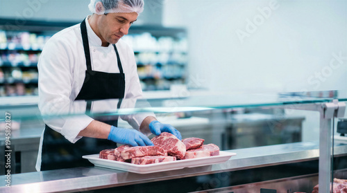 Wallpaper Mural A butcher in a hairnet and apron meticulously arranges fresh cuts of meat for sale. Torontodigital.ca