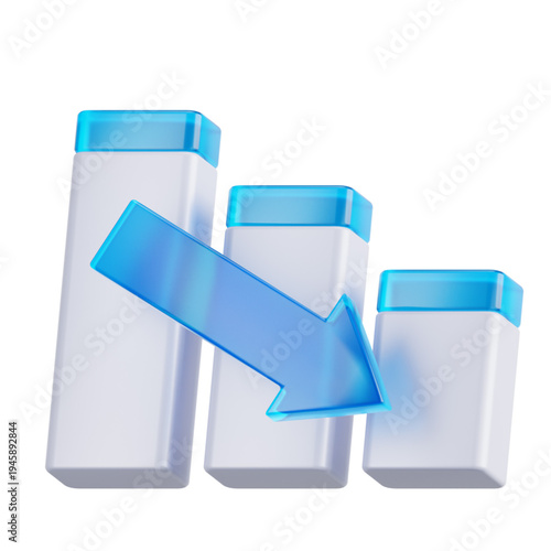 Modern 3D bar chart illustration featuring a clear downward arrow, depicting economic decline, financial loss, market downturn, and negative business trend performance