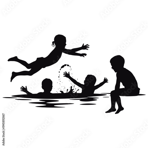 Children playing and splashing in water depicted as a black silhouette