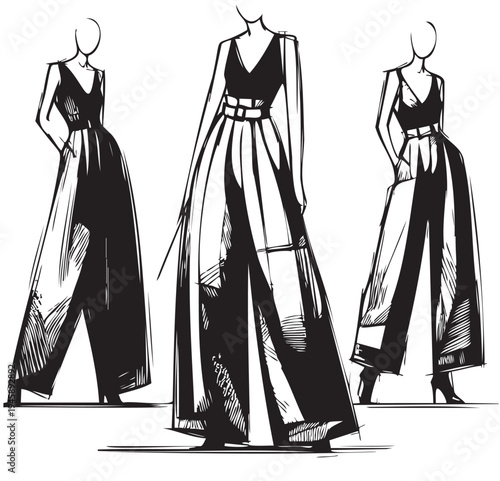 abstract line sketch fashion models girl in very vide pants