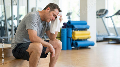 Wallpaper Mural A tired and sweaty middle-aged man rests with a towel after an intense gym workout. Torontodigital.ca