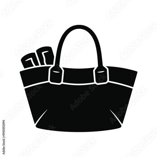A black and white silhouette of a tote bag with contents inside