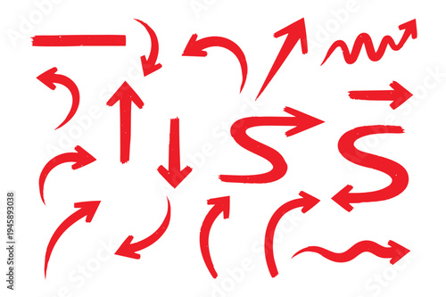 Hand painted red ink arrows set with creative grunge brush strokes vector illustration design