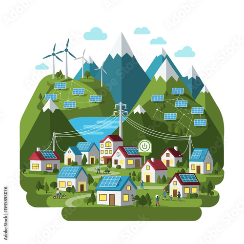 Sustainable energy community illustration showing renewable sources and homes