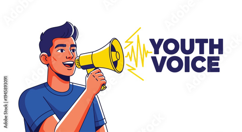 A smiling young man speaks forcefully into a bright yellow bullhorn, demonstrating the concept of amplifying the opinions of young people.