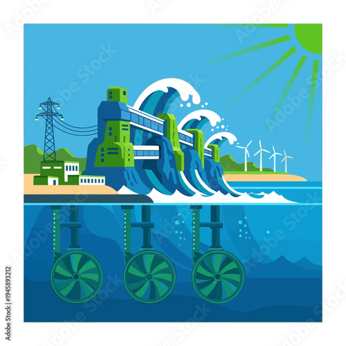 Wave energy power plant illustration generating renewable clean electricity