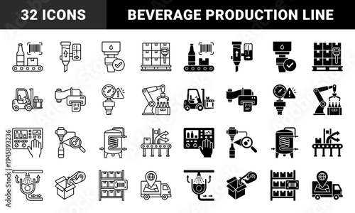 Automated Beverage Production and Bottling Line Hybrid Icons Featuring Conveyor Systems Forklifts Robotic Arms and Smart Inventory Logistics