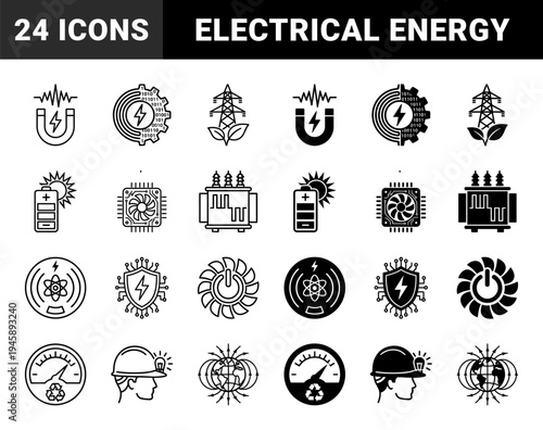 Sustainable energy and electrical engineering hybrid symbols featuring solar battery power, magnetic field wave, and green electric grid infrastructure