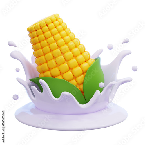 3D illustration of a fresh corn cob splashing into a creamy liquid, perfect for healthy food and beverage advertising