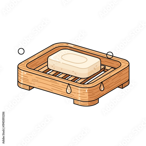 Wooden soap dish with soap bar illustration isolated on white background