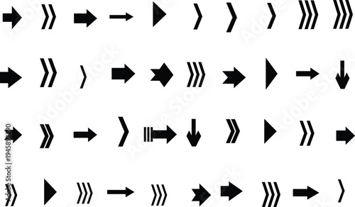 A rich variety of black arrow symbols showing different pointing directions and sleek designs on a bright white surface