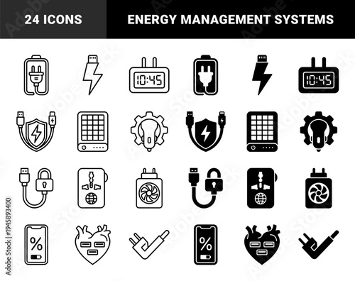 Hybrid Electrical Power and Energy Management Iconography Combining Battery Plugs Solar Panels Charging Cables and Smart Metering Symbols