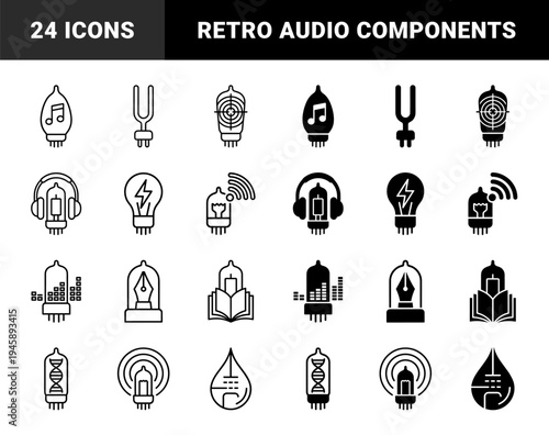 Vintage Vacuum Tube Hybrid Concept Symbols Merging Retro Electronic Valves with Music Note DNA Pen Tip Clock and Audio Signal Elements